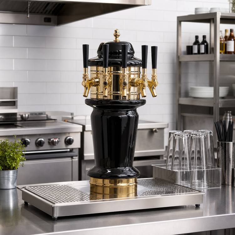 Product image #2 for Glastender Monaco 4-Faucet Air-Cooled Draft Dispensing Tower with Mirror Finish and Surface-Mount Drain Pan