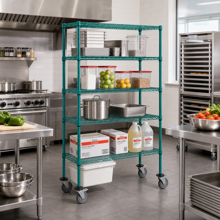 Product image #2 for Quantum 36 x 24 x 80-Inch Mobile Wire Shelving Cart with 5 Shelves, Green Epoxy Coating