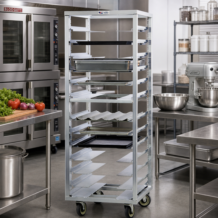 Product image #2 for Mobile Universal Adjustable Pan Rack for 12 x 20 to 18 x 26 Pans, 13 Guides, 5-Inch Casters