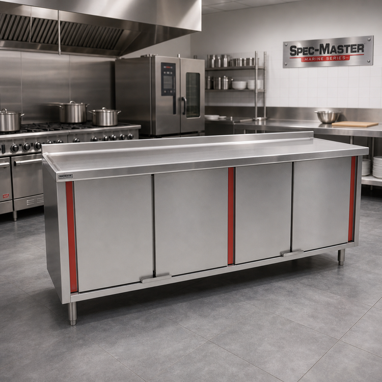 Product image #2 for Spec-Master Marine Series Enclosed Stainless Steel Work Table with Cabinet Base, 84 x 24 Inches, 14-Gauge 304 Top, 4 Hinged Doors, 1-1/2 Inch Rear Up-Turn