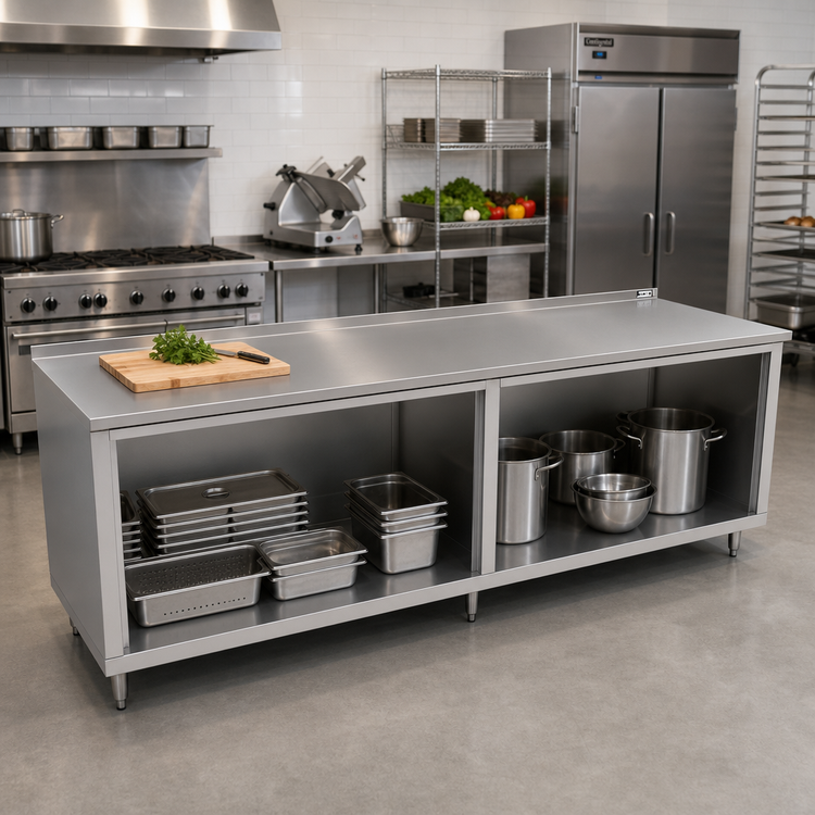 Product image #2 for John Boos Open Front Cabinet Base Work Table, 108 Inch x 30 Inch, 16-Gauge Stainless Steel Top, 1-1/2 Inch Rear Riser