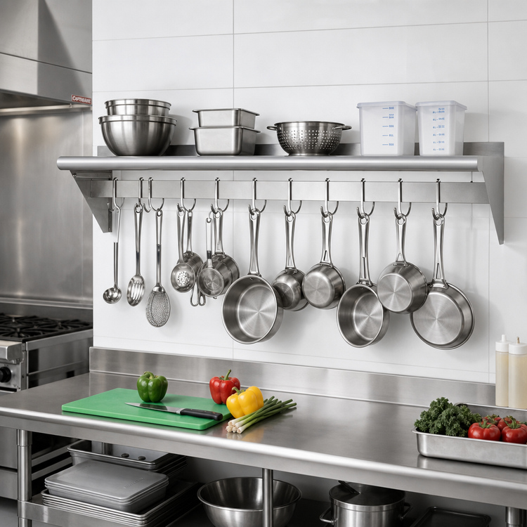 Product image #2 for Sapphire Manufacturing Wall-Mounted Stainless Steel Overshelf With Pot Rack, 72"W x 12"D
