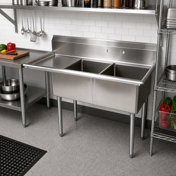 Product image #2 for John Boos E-Series 2-Compartment Stainless Steel Sink with Left Drainboard, 18-Inch x 18-Inch Bowls, and 9-3/4-Inch Backsplash