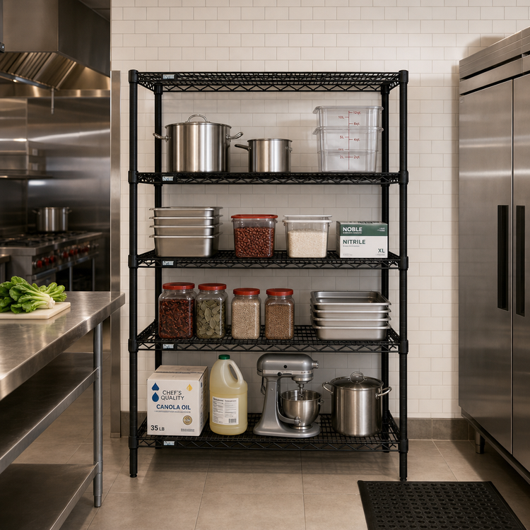 Product image #2 for Quantum Stationary Wire Shelving Starter Kit, 72"W x 12"D x 63"H, Black Epoxy Antimicrobial Finish, 4 Shelves