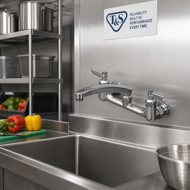 Product image #2 for T&S Brass 8-Inch Wall Mount Double Pantry Faucet with 8-Inch Swivel Cast Spout and Quarter-Turn Cerama Cartridges