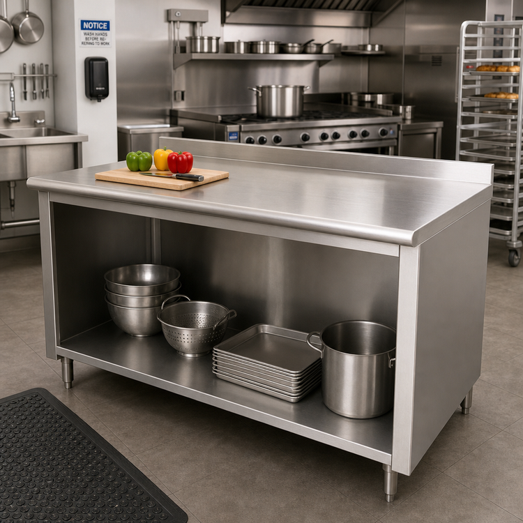 Product image #2 for Advance Tabco 84-Inch x 36-Inch 14-Gauge 304 Stainless Steel Work Table with Open Front Cabinet Base and 1-1/2-Inch Rear Up-Turn