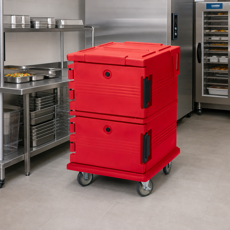 Product image #3 for Cambro Ultra Camcart Double-Compartment Front-Loading Insulated Food Pan Carrier, 16 Full-Size Pan Capacity, Hot Red