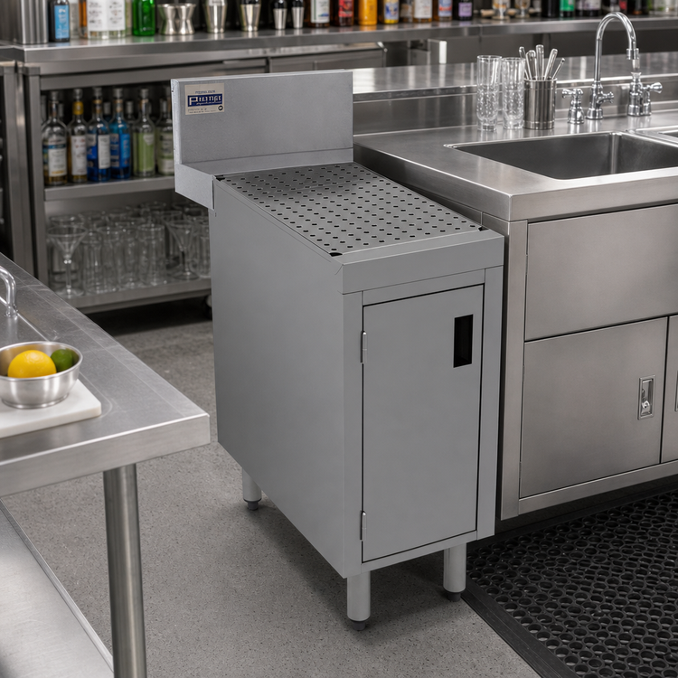 Product image #2 for Advance Tabco Prestige Stainless Steel Underbar Drainboard Cabinet, 12" W x 30" D x 36" H, with Removable Hinged Doors