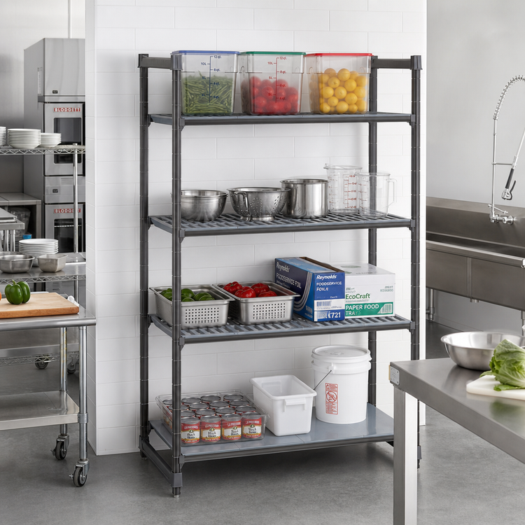 Product image #2 for Cambro Camshelving Basics Plus 4-Tier Stationary Starter Polymer Shelving Unit, 21 x 54 x 72 Inches, Vented and Solid Shelf Plates, Brushed Graphite