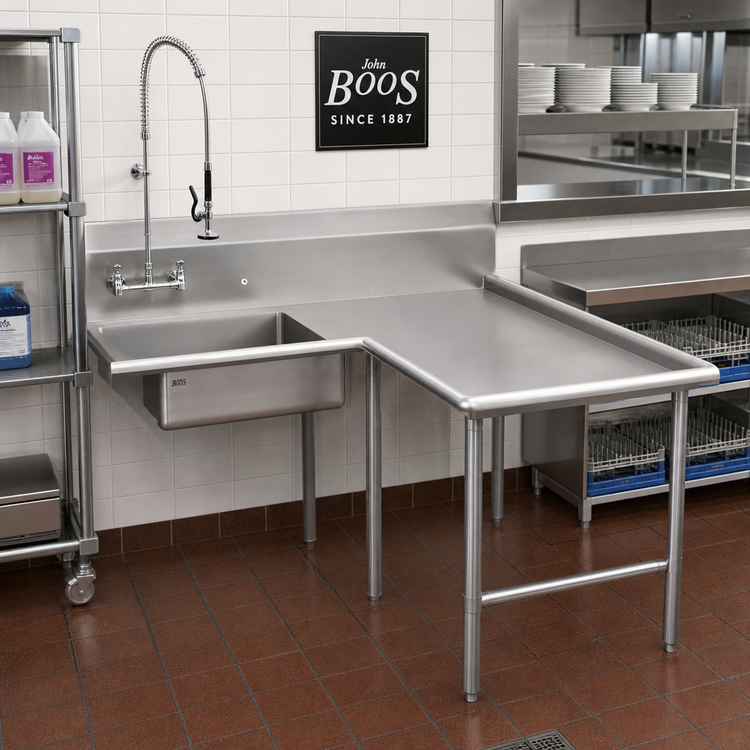 Product image #2 for John Boos Pro-Bowl L-Shaped Island Soiled Dish Table with 20 x 20 x 8 Inch Pre-Rinse Sink, Right-to-Left Operation