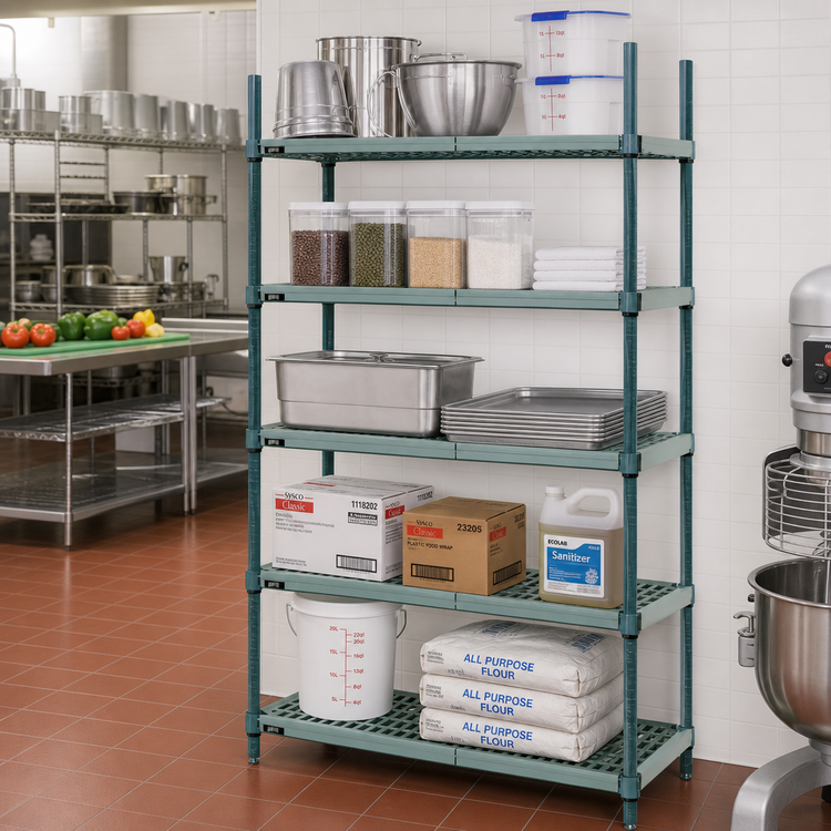 Product image #2 for Quantum 5-Tier Wire Plastic Mat Shelving Unit, 48 x 18 x 74 Inches, Stationary, Green Epoxy Antimicrobial