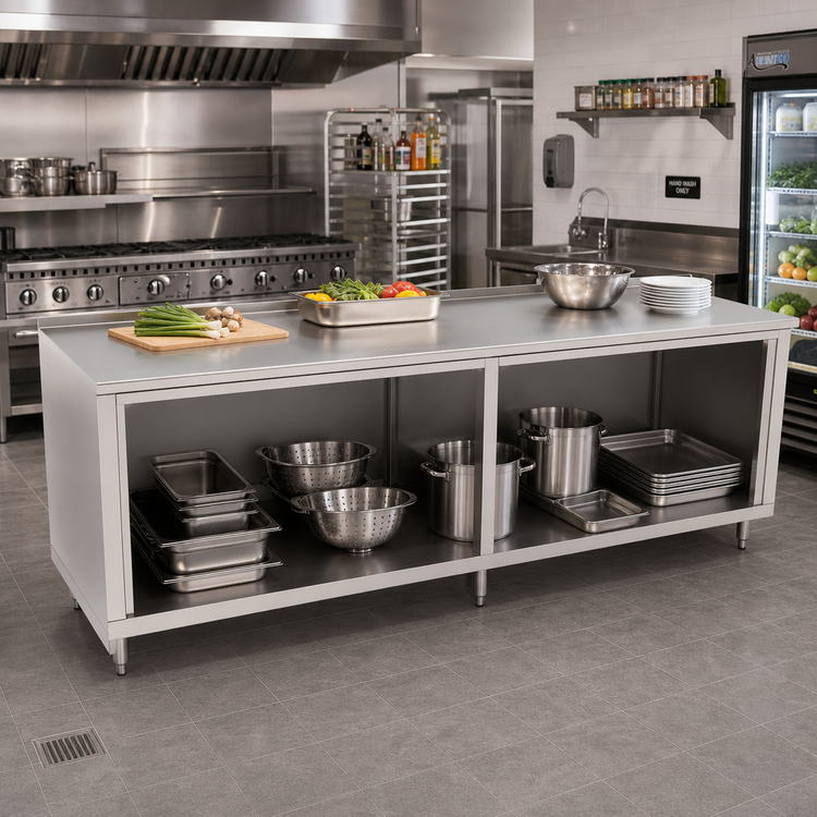 Product image #2 for John Boos 96" x 36" Open Front Modular Base Work Table with 16-Gauge Stainless Steel Top and 1-1/2" Rear Riser