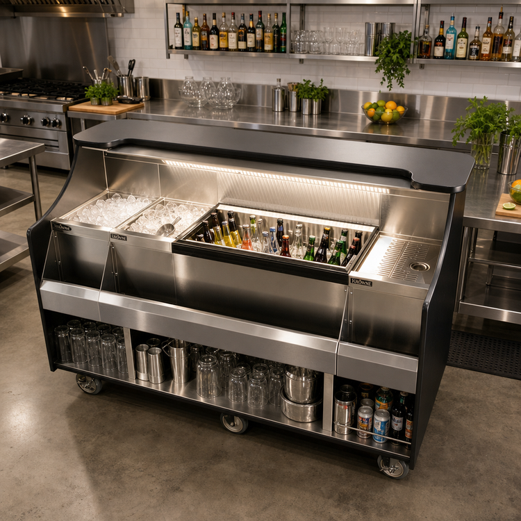 Product image #2 for 66-Inch Mobile Bar Station with Ice Chest, Insulated Bottle Well, Drainboards, Speed Rail, and LED Lighting