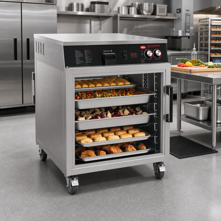 Product image #2 for Hatco Flav-R-Savor® Pass-Thru Mobile Heated Holding Cabinet with Glass Doors, 6 Full-Size Sheet Pan Capacity