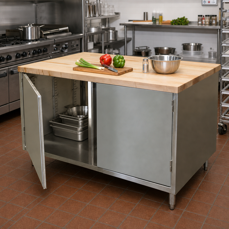 Product image #2 for BK Resources Dual-Access Chef Table with Hard Maple Top and Stainless Steel Cabinet Base, 48W x 36D