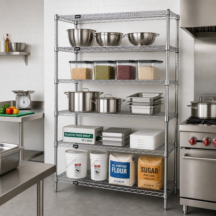 Product image #2 for Quantum Stationary Wire Shelving Starter Kit, 42 x 18 x 54 Inches, 5 Shelves, Chrome-Plated, 600-800 lb. Capacity