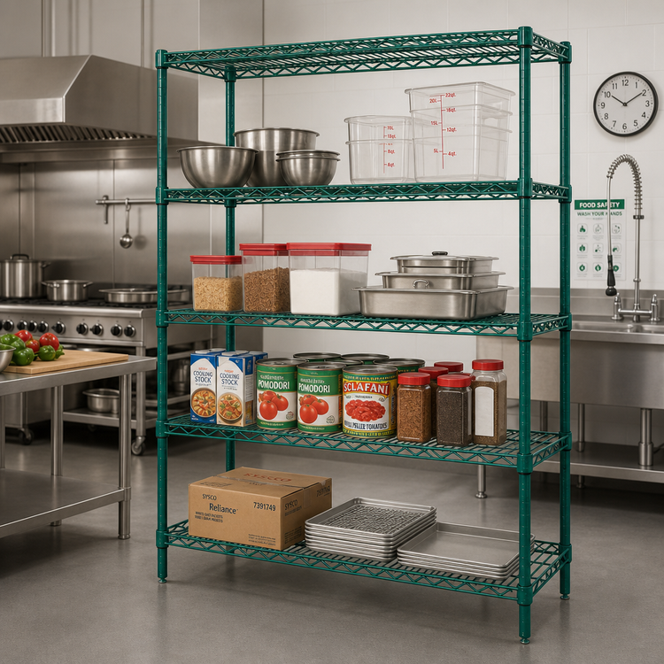 Product image #2 for Quantum Wire Shelving Starter Kit, 60"W x 21"D x 54"H, 5 Shelves, Green Epoxy Finish