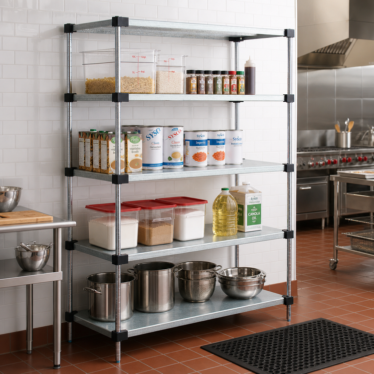 Product image #2 for Quantum Solid Shelving Starter Kit, 72"W x 24"D x 86"H, Stationary, Galvanized Steel Shelves with Chrome Posts