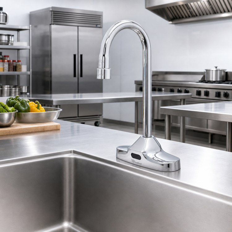 Product image #2 for ChekPoint Low-Lead Electronic Touchless Deck-Mount Faucet with 4-Inch Centers and 4-1/8-Inch Gooseneck Spout