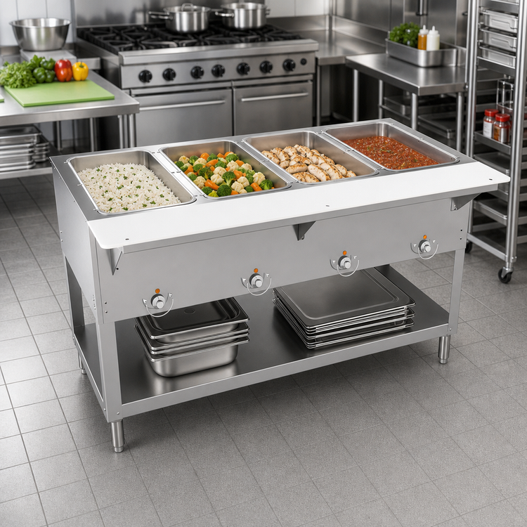 Product image #3 for BK Resources 4-Pan Full-Size Electric Open Well Steam Table with Cutting Board Shelf and Undershelf