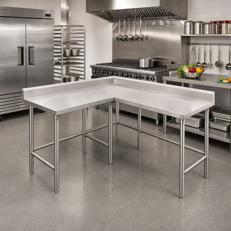 Product image #2 for Advance Tabco L-Shaped Stainless Steel Corner Work Table, 120 x 60 in, 24 in Working Depth, 14-Gauge 304 Top, 5 in Backsplash