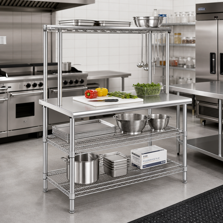 Product image #2 for Eagle AdjusTable Heavy-Duty One-Tier Stainless Steel Work Table with Adjustable Overshelf and Two Undershelves, 48 x 24 Inches