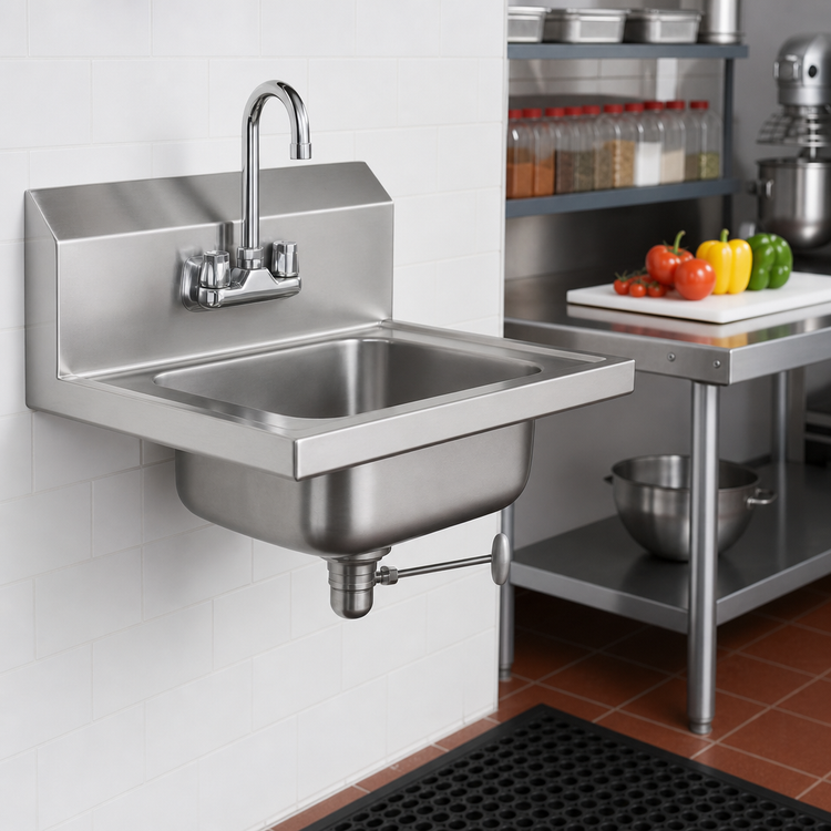 Product image #2 for Traditional Wall-Mount 304 Stainless Steel Hand Sink with Splash-Mounted Gooseneck Faucet and Lever Drain