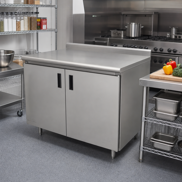 Product image #2 for Advance Tabco 36" x 30" Enclosed Work Table with Cabinet Base, 14-Gauge 304 Stainless Steel Top, 1-1/2" Rear Up-Turn