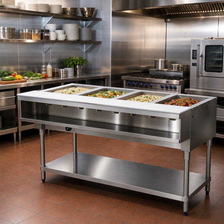 Product image #2 for Advance Tabco Triumph Supreme 4-Well LP Gas Water Bath Hot Food Table with Open Base and Undershelf