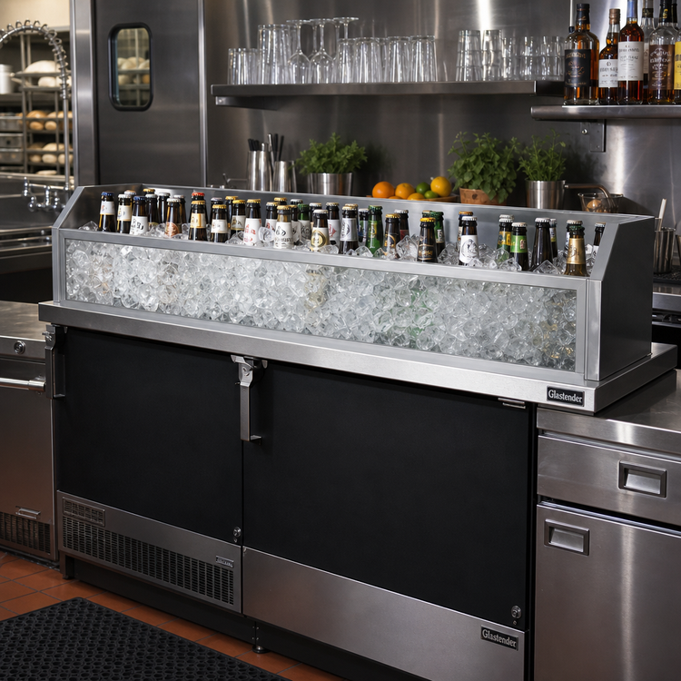 Product image #2 for Glastender Back Bar Glass Ice Display Unit for Bottled Beverages, 90-Inch W x 18-Inch D x 9-Inch H