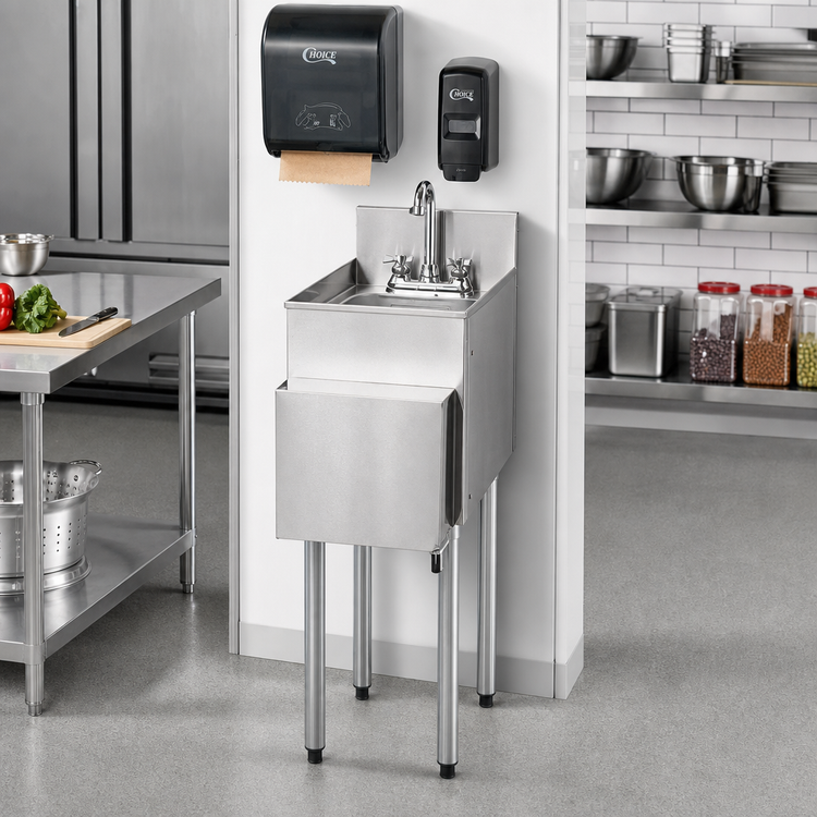Product image #2 for CHOICE Freestanding Underbar Stainless Steel Hand Sink with Gooseneck Faucet, Soap and Towel Dispensers, 12 Inch Wide