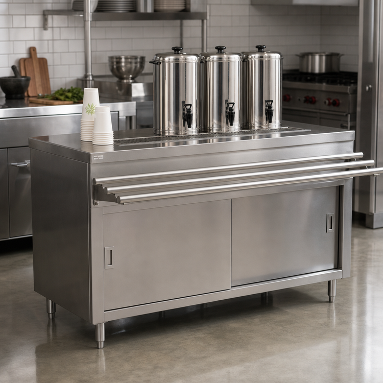 Product image #2 for BK Resources 60-Inch Stainless Steel Self-Serve Counter with Sliding Doors and Urn Trough