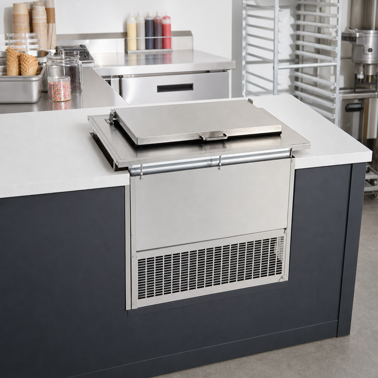 Product image #2 for Glastender Drop-In Dipping Ice Cream Freezer, Self-Contained Refrigeration, Hinged Stainless Steel Lid, 2 x 3-Gallon Can Capacity