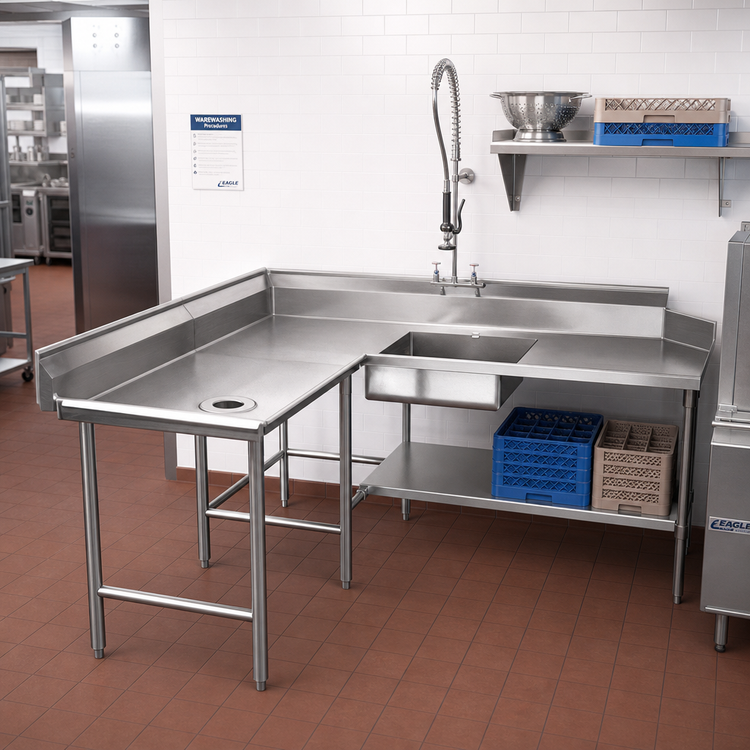 Product image #2 for Eagle Group Left-Hand Corner Soiled Dishtable, 120 Inch Machine-to-Corner x 60 Inch Corner-to-End, 30 Inch Working Depth, 16/430 Stainless Steel