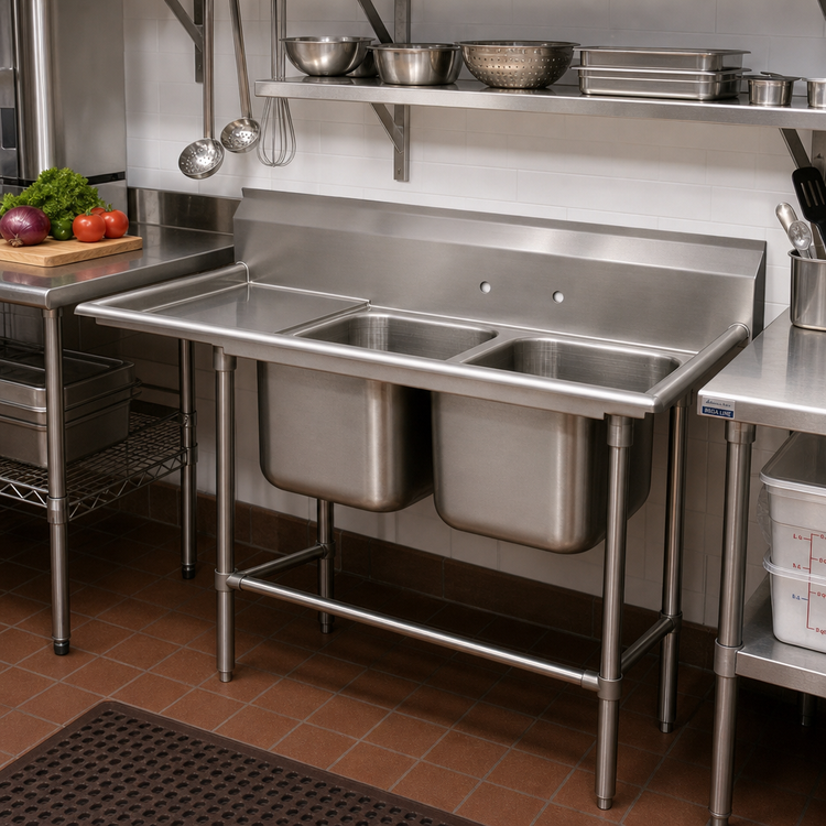 Product image #2 for Advance Tabco Regaline 2-Compartment Commercial Sink with Left-Hand Drainboard, 20" x 28" Bowls, 24" Drainboard, 14 Gauge 304 Stainless Steel