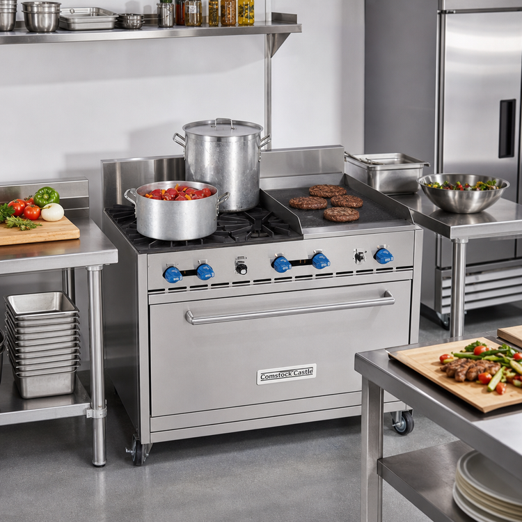 Product image #2 for Comstock-Castle 36-Inch Heavy Pot/Griddle Gas Range with Two Open Burners, 18-Inch Griddle, and Standard Oven