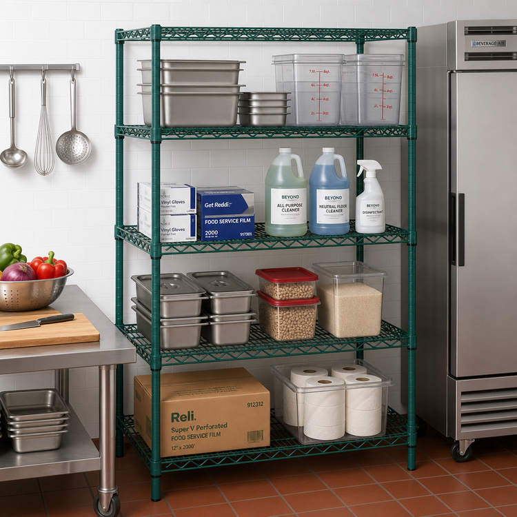 Product image #2 for Quantum 60-Inch Wide x 14-Inch Deep x 63-Inch High Stationary Wire Shelving Starter Kit, 4-Shelf, Green Epoxy