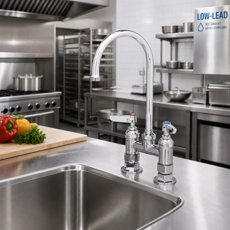 Product image #2 for Low-Lead Deck-Mount Manual Mixing Faucet with 4-Inch Centers and 5-3/4-Inch Swivel Gooseneck Spout