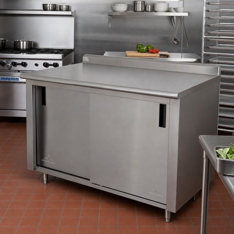 Product image #2 for Advance Tabco 84 Inch x 30 Inch Enclosed Work Table with Cabinet Base, Mid-Shelf, Sliding Doors, and 14-Gauge 304 Stainless Steel Top