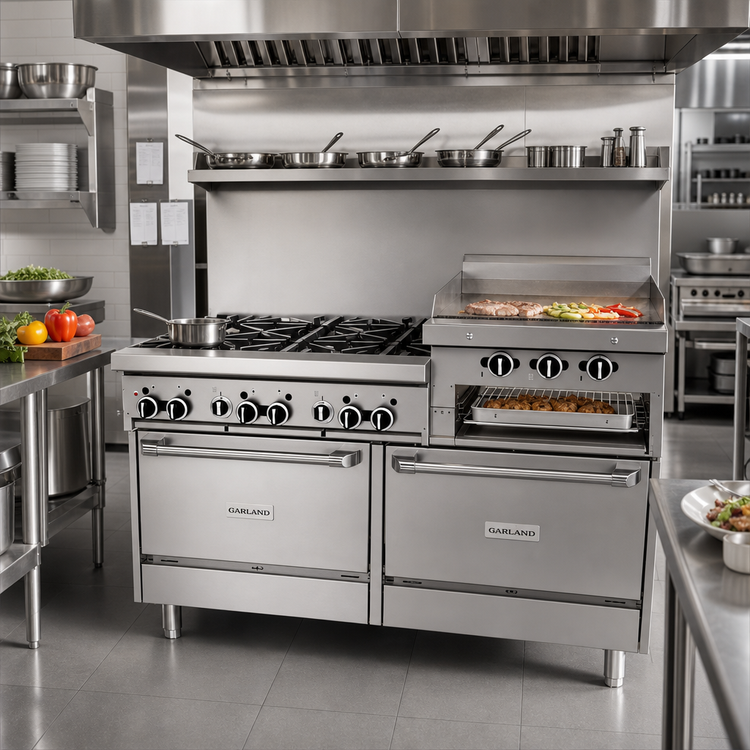 Product image #2 for Garland GFE Starfire Pro 60-Inch Gas Restaurant Range with 6 Open Burners, Right-Side 24-Inch Raised Griddle/Broiler, and 2 Standard Ovens