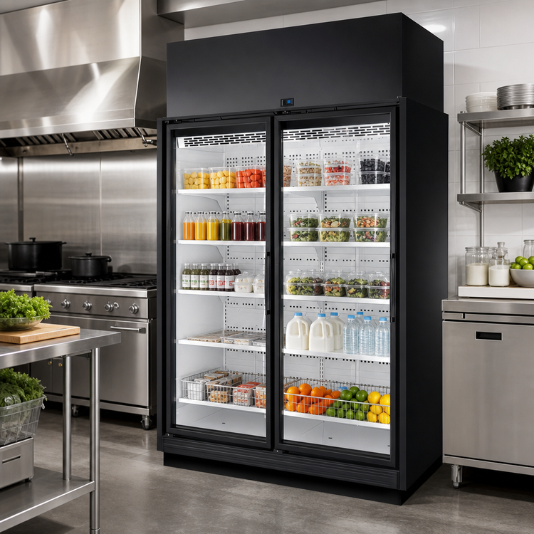 Product image #2 for True TRM Series Two-Section Medium Temperature Glass Door Retail Merchandiser, Black Exterior, White Interior