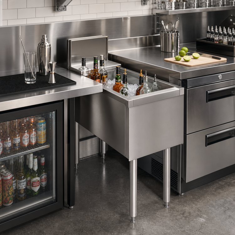 Product image #2 for Top Shelf TSD Series Insulated Underbar Bottle Storage Bin, 3 Wells, Stainless Steel, 6 Inch W x 24 Inch D