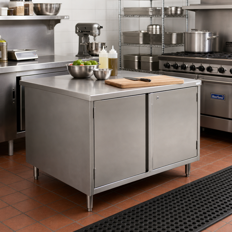 Product image #2 for BK Resources Single-Sided Stainless Steel Chef Table Cabinet Base with Locking Hinged Doors, 48 x 24 Inches