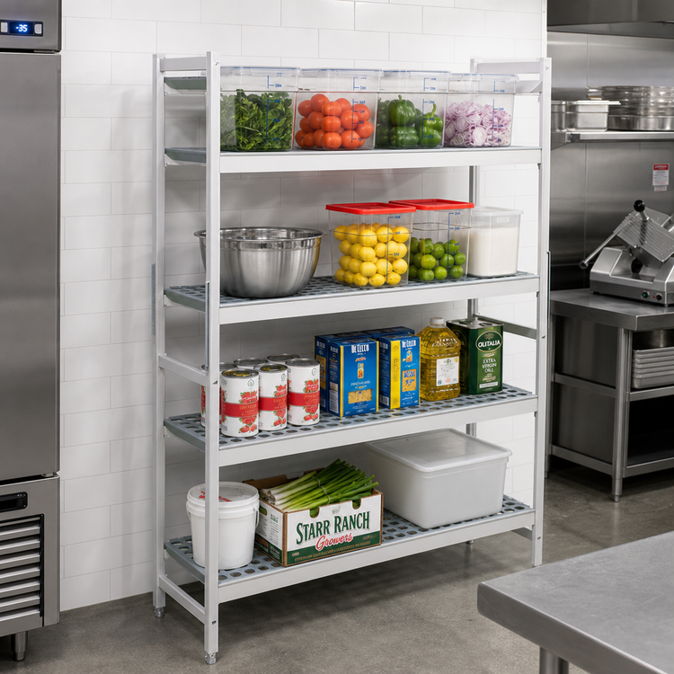 Product image #2 for Fermostock 4-Tier Perforated Aluminum Shelving Starter Unit with Polymer Inserts, 35W x 14D x 66H