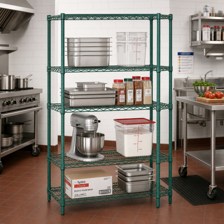 Product image #2 for Quantum Wire Shelving Starter Kit, 48"W x 30"D x 86"H, 4 Shelves, Green Epoxy Finish