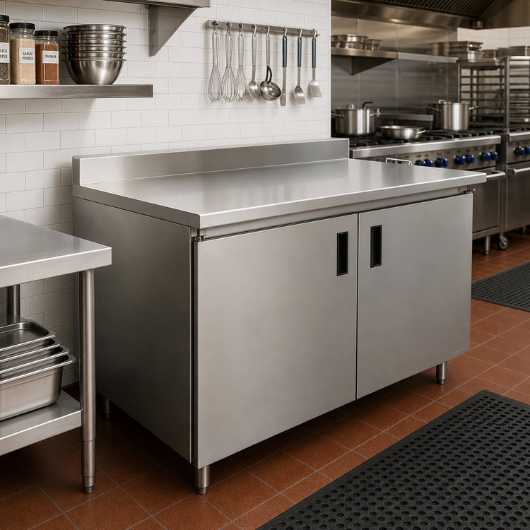 Product image #2 for Advance Tabco 72 Inch x 30 Inch Enclosed Work Table with Cabinet Base, Mid-Shelf, Hinged Doors, 14 Gauge 304 Stainless Steel Top, and 5 Inch Backsplash