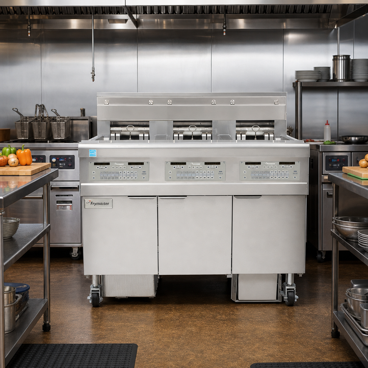 Product image #2 for Frymaster OCF30 Three-Unit Electric Oil-Conserving Open-Pot Fryer Battery with Built-In Filtration, 30 lb. Each