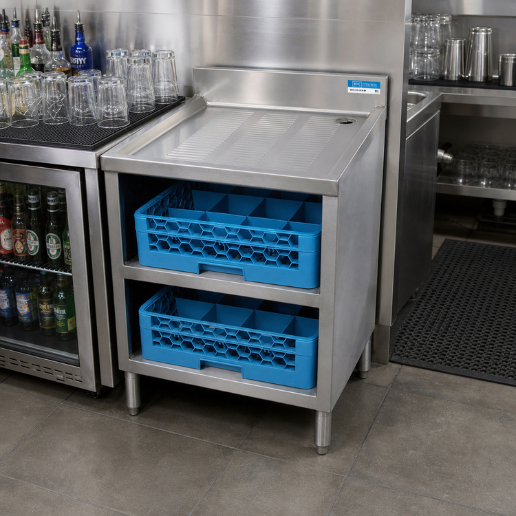 Product image #3 for BK Resources 24" x 21" Stainless Steel Underbar Glass Rack Unit with Drainboard Top and Open Front Base
