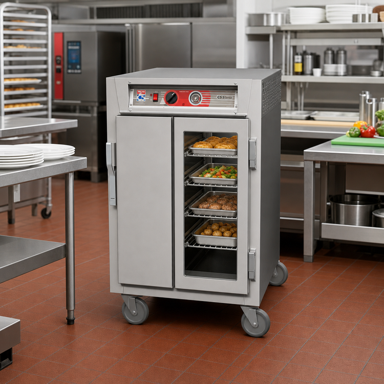 Product image #2 for Metro C5 6 Series Mobile Half-Height Pass-Thru Heated Holding Cabinet with One Solid and One Double-Pane Tempered Glass Door