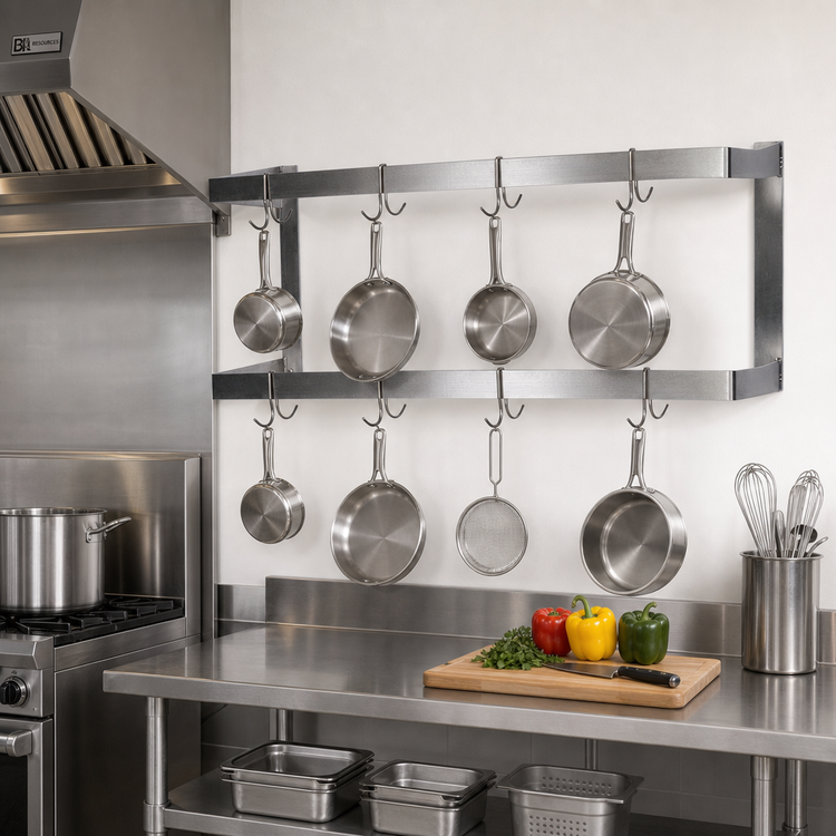 Product image #2 for BK Resources 48-Inch Wall-Mount Double Bar Stainless Steel Pot Rack with 8 Hooks